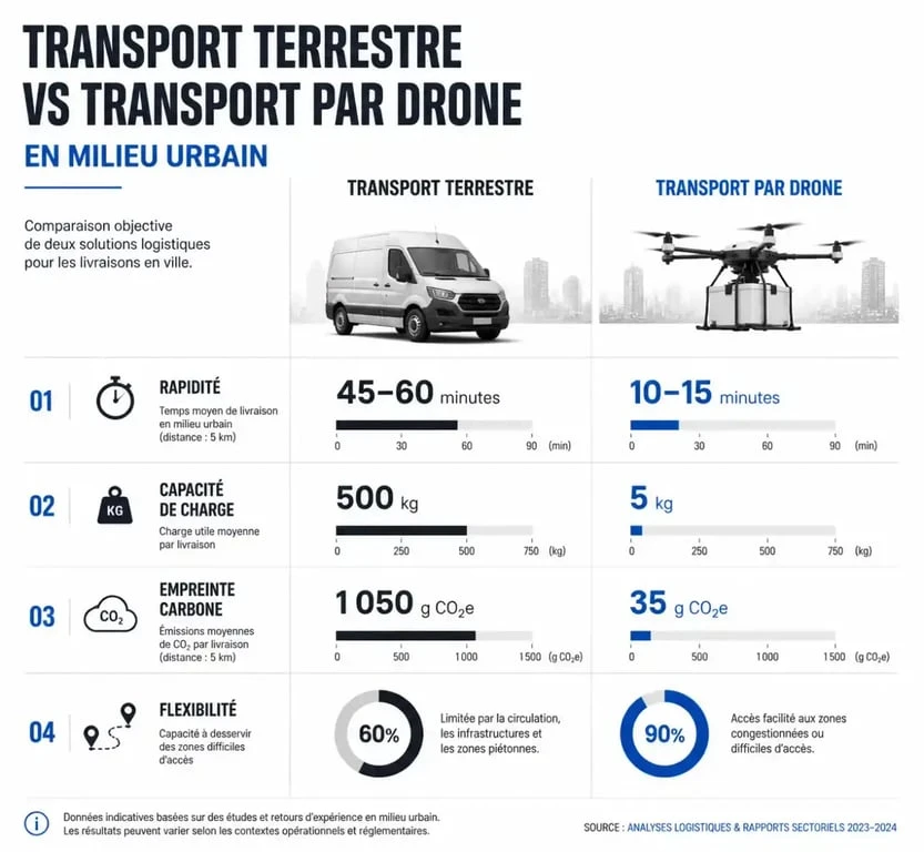 Comparatif entre transport terrestre et logistique par drone à Paris : rapidité, capacité, empreinte carbone et flexibilité.