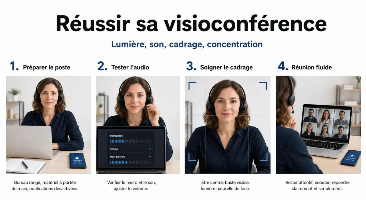 Réussir ses visioconférences dans un bureau à domicile avec casque, caméra bien cadrée et lumière soignée