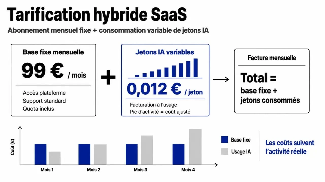 Modèle de tarification hybride pour les outils IA de Markeonbiz.fr : comprendre la part fixe et la part variable.