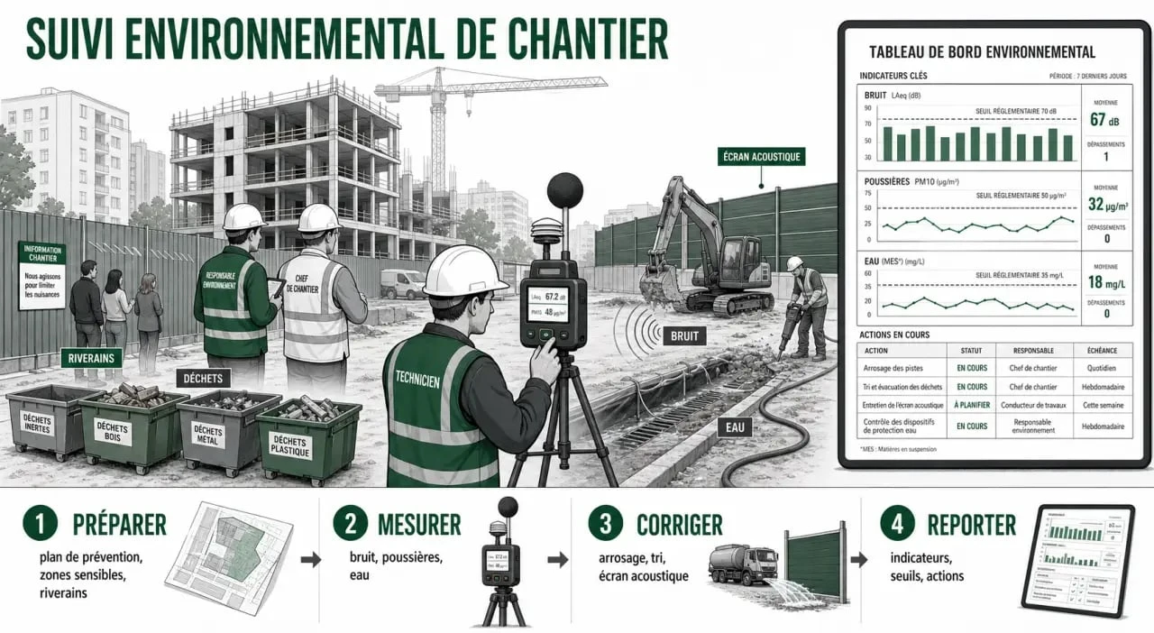 Schéma éditorial du suivi environnemental de chantier avec les étapes de préparation, mesure, correction et reporting