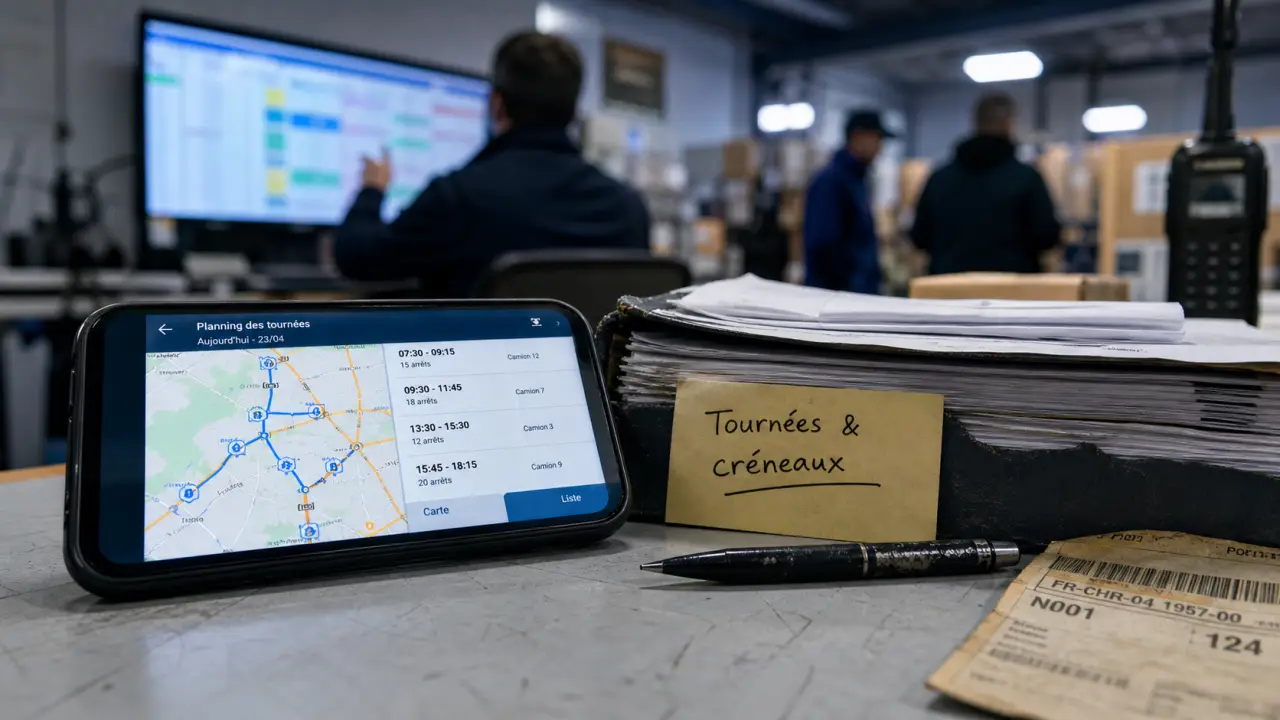 Optimisation rendez-vous livraison : smartphone créneaux tournées en entrepôt