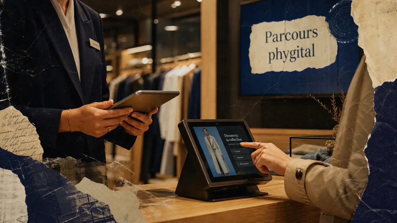 Parcours phygitaux : client scanne une borne tactile en magasin de mode