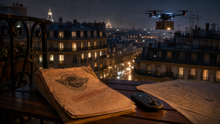 Transport et logistique par drone Paris : drone U-space en approche nocturne