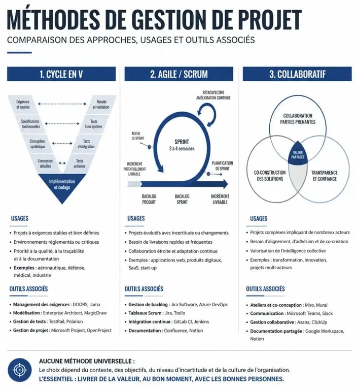 Infographie comparative des méthodes de gestion de projet pour une fiche métier chef de projet