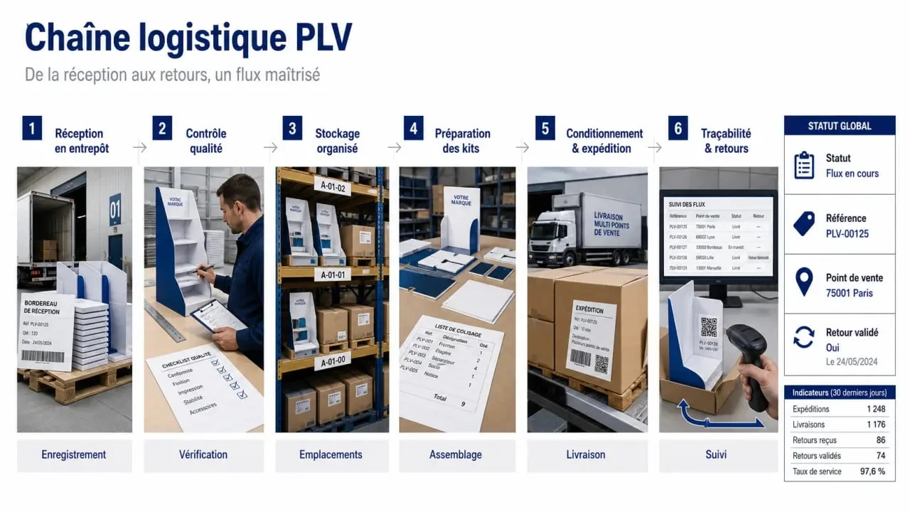 Schéma de logistique PLV avec réception, stockage, préparation, expédition et traçabilité
