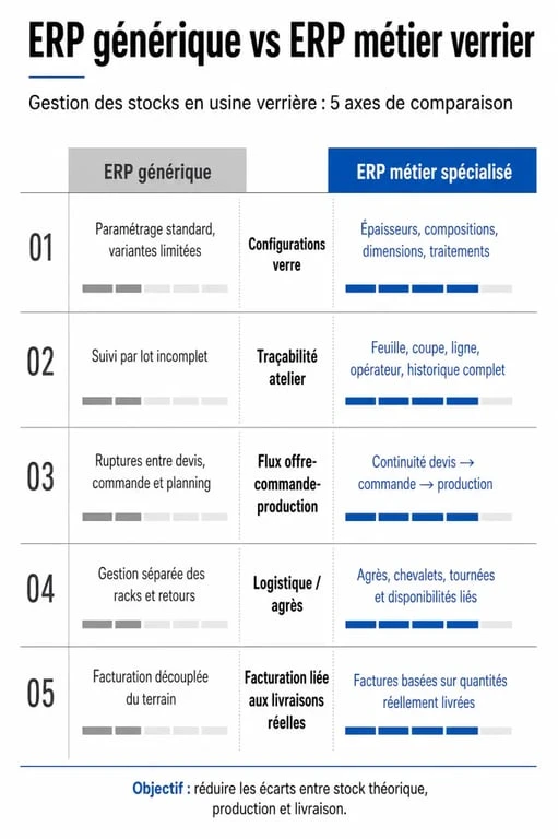 ERP pour la gestion des stocks en usine verrière : comparaison visuelle entre ERP générique et ERP verrier spécialisé