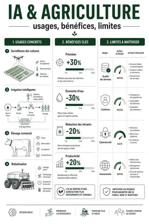 Intelligence artificielle agriculture : synthèse visuelle des usages, bénéfices et limites dans les cultures, l’élevage et la logistique