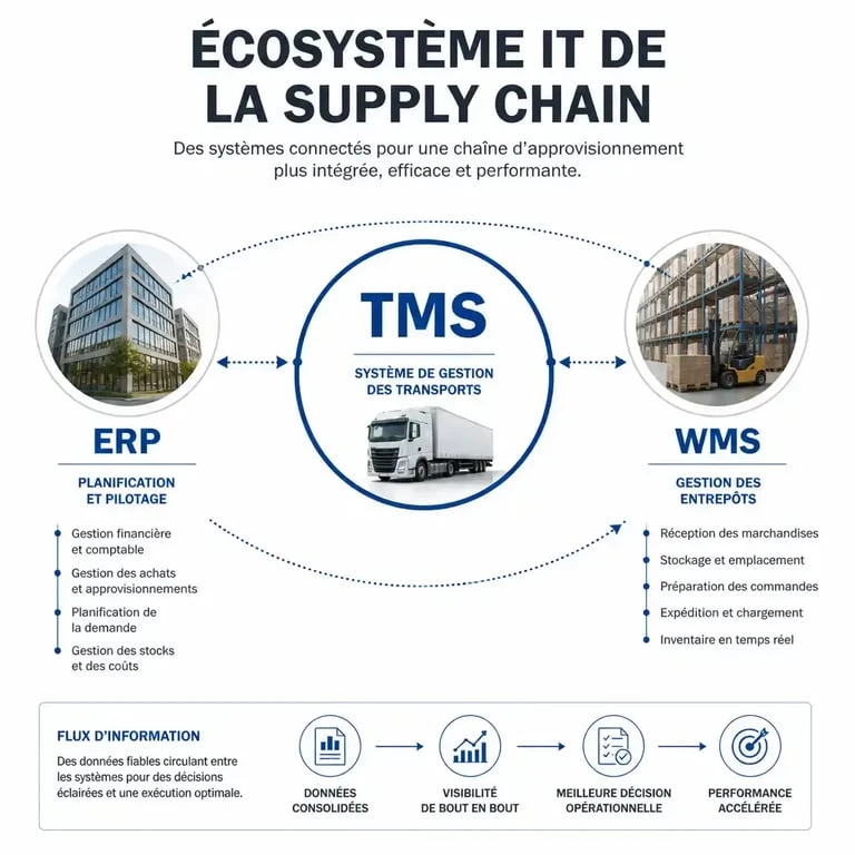 Schéma de l'écosystème IT logistique : intégration du TMS avec l'ERP et le WMS