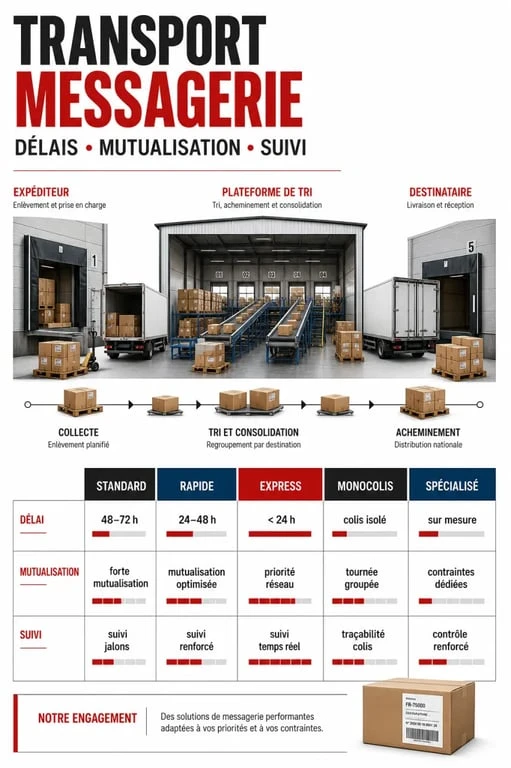 Transport messagerie : comparaison visuelle des niveaux standard, rapide, express, monocolis et spécialisé