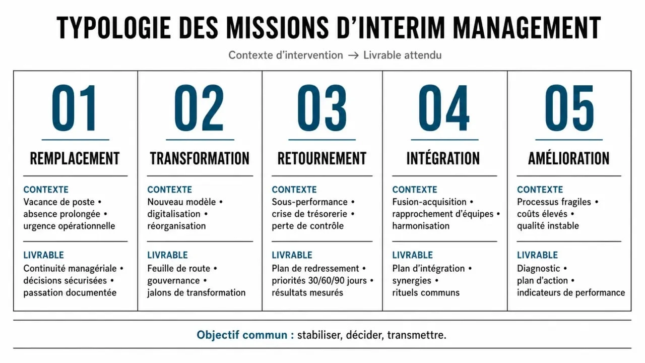Interim manager : typologie des missions selon remplacement, transformation, retournement, intégration et amélioration