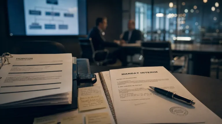 Interim manager : mandat interim sur un document en salle de réunion