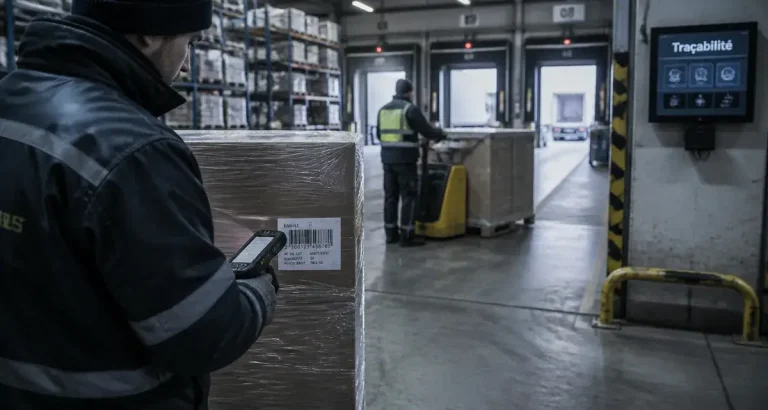 Agent en logistique scanne une palette pour la traçabilité en entrepôt