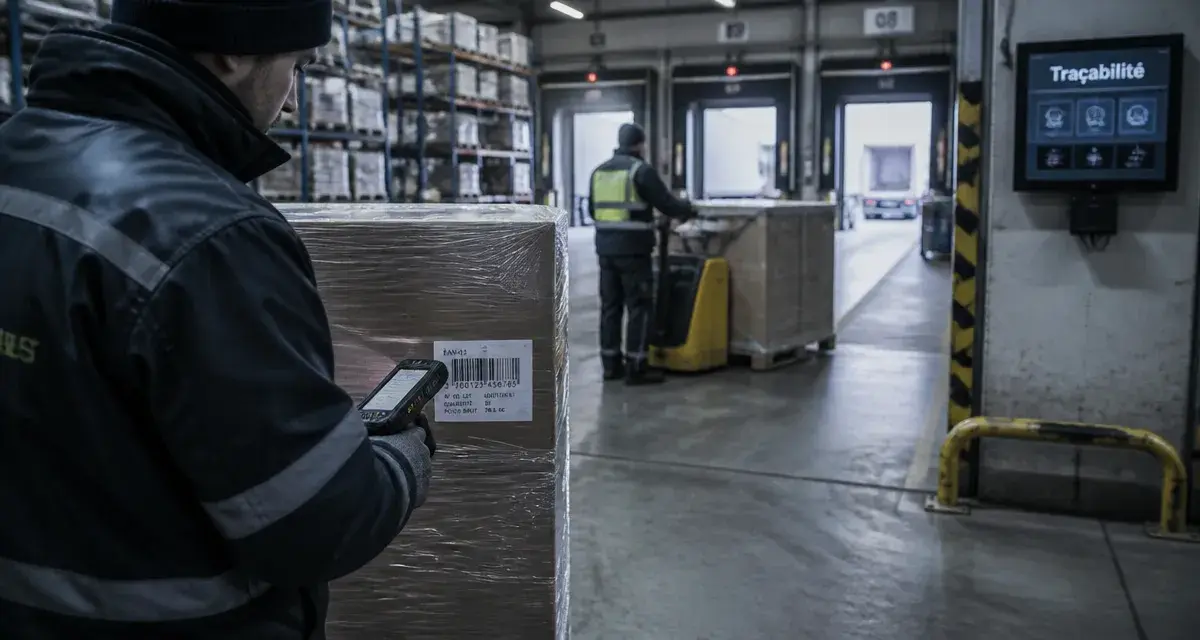 Agent en logistique scanne une palette pour la traçabilité en entrepôt