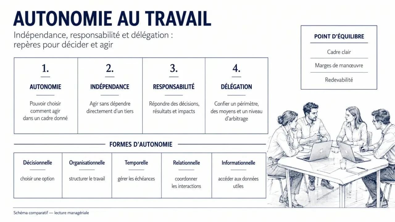 Autonome travail : schéma comparatif entre autonomie, indépendance, responsabilité et délégation