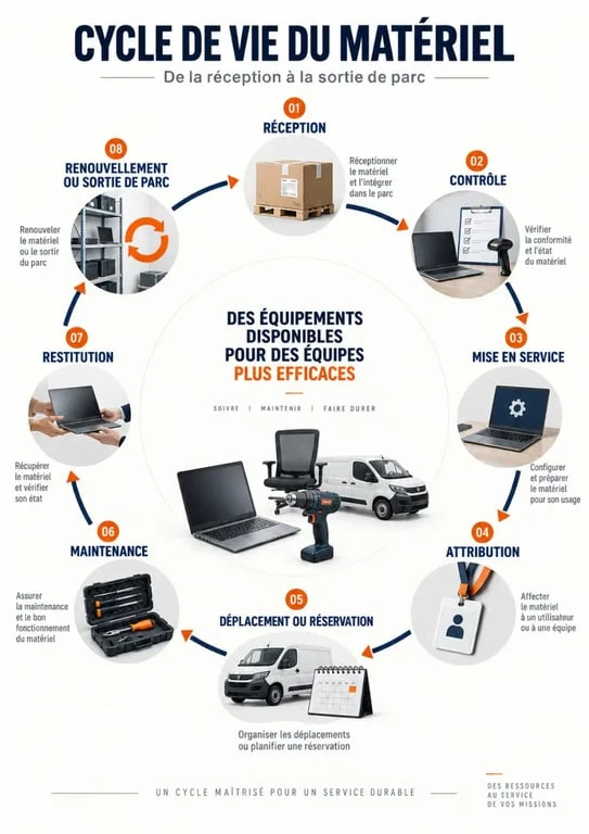 Infographie sur la gestion du matériel dans une entreprise et son cycle de vie