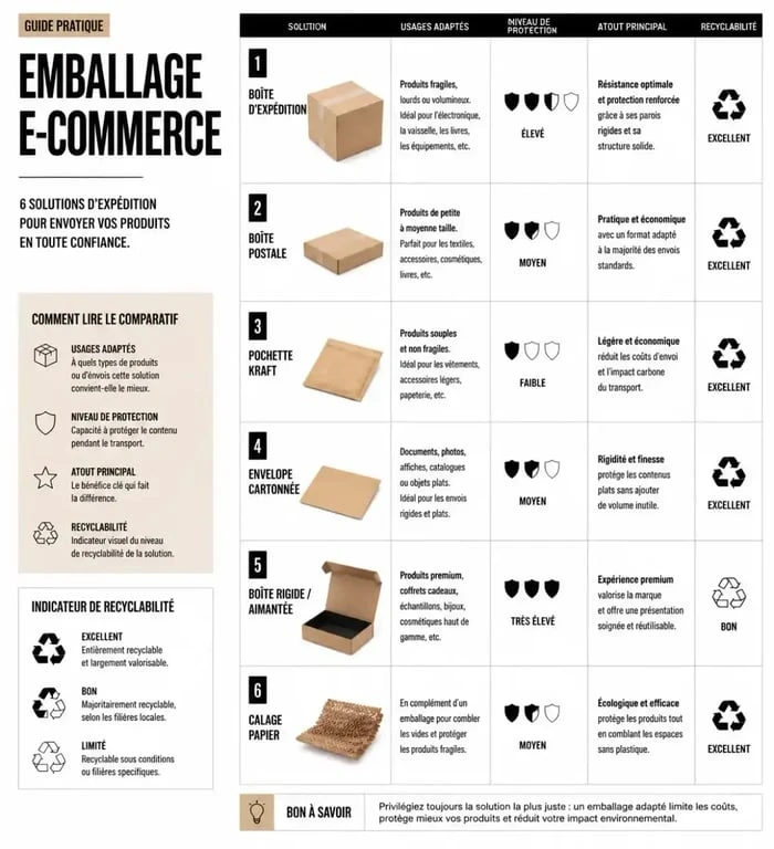 Infographie comparant les solutions d’emballage e commerce selon l’usage, la protection et la recyclabilité