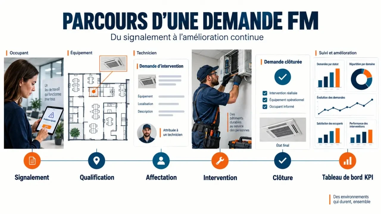 Parcours d’une demande dans une facility management solution, de l’alerte au tableau de bord