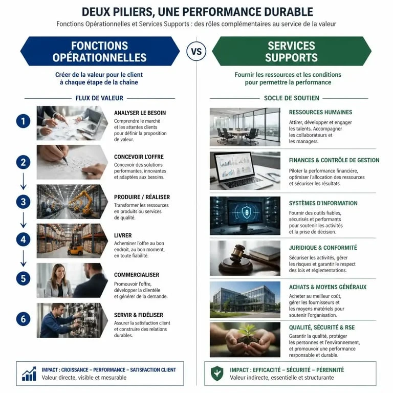 Comparaison entre fonctions support et fonctions opérationnelles en entreprise