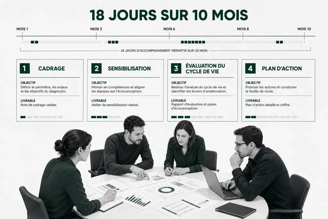 Diag ecoconception : parcours d’accompagnement de 18 jours sur 10 mois avec 4 étapes et plan d’action en entreprise