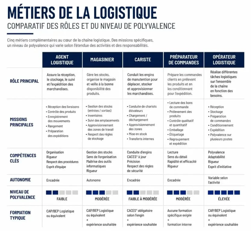 Tableau comparatif agent en logistique, magasinier, cariste et préparateur de commandes