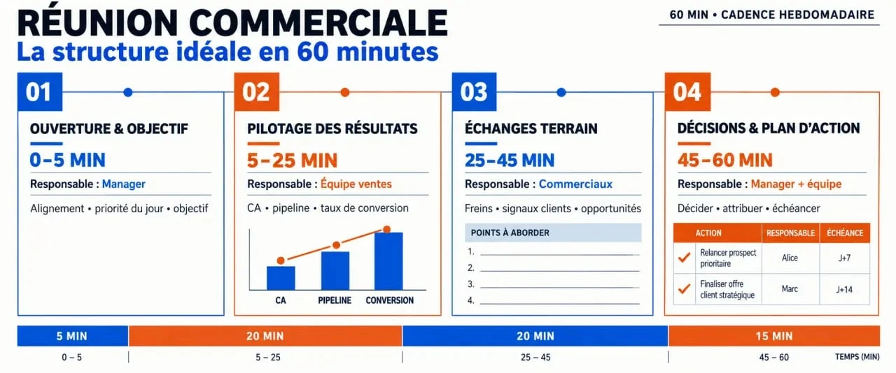 Infographie de la structure idéale d’une réunion commerciale efficace