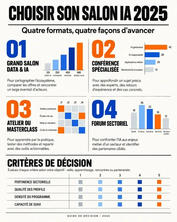 Infographie pour choisir un salon intelligence artificielle 2025 selon le format et les critères de décision