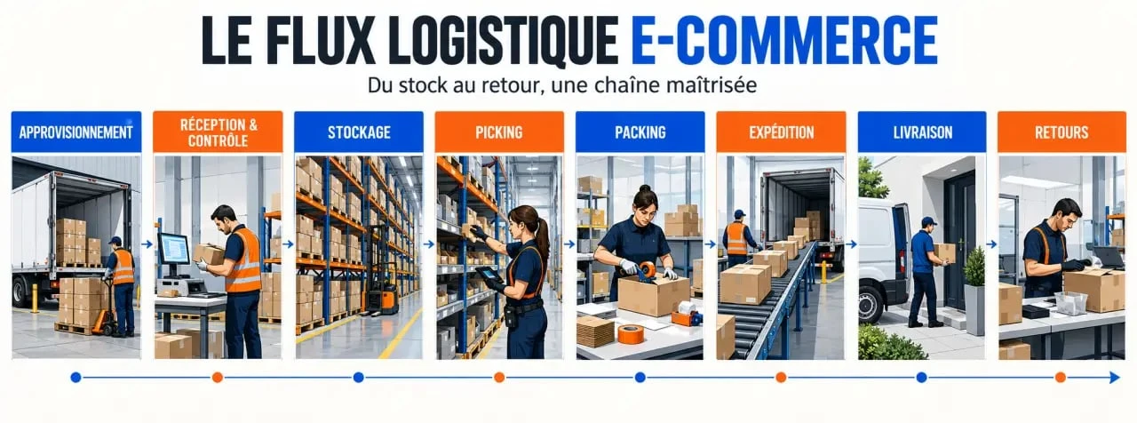 Schéma du flux d'une solution logistique e-commerce, de la réception des stocks à la gestion des retours
