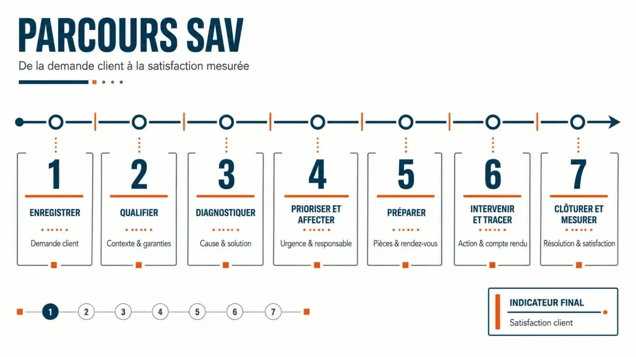 Infographie des 7 étapes de la gestion du SAV, de la demande client à la clôture