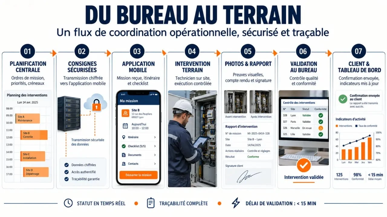 Schéma de gestion d’équipe terrain entre le bureau, les techniciens et le client