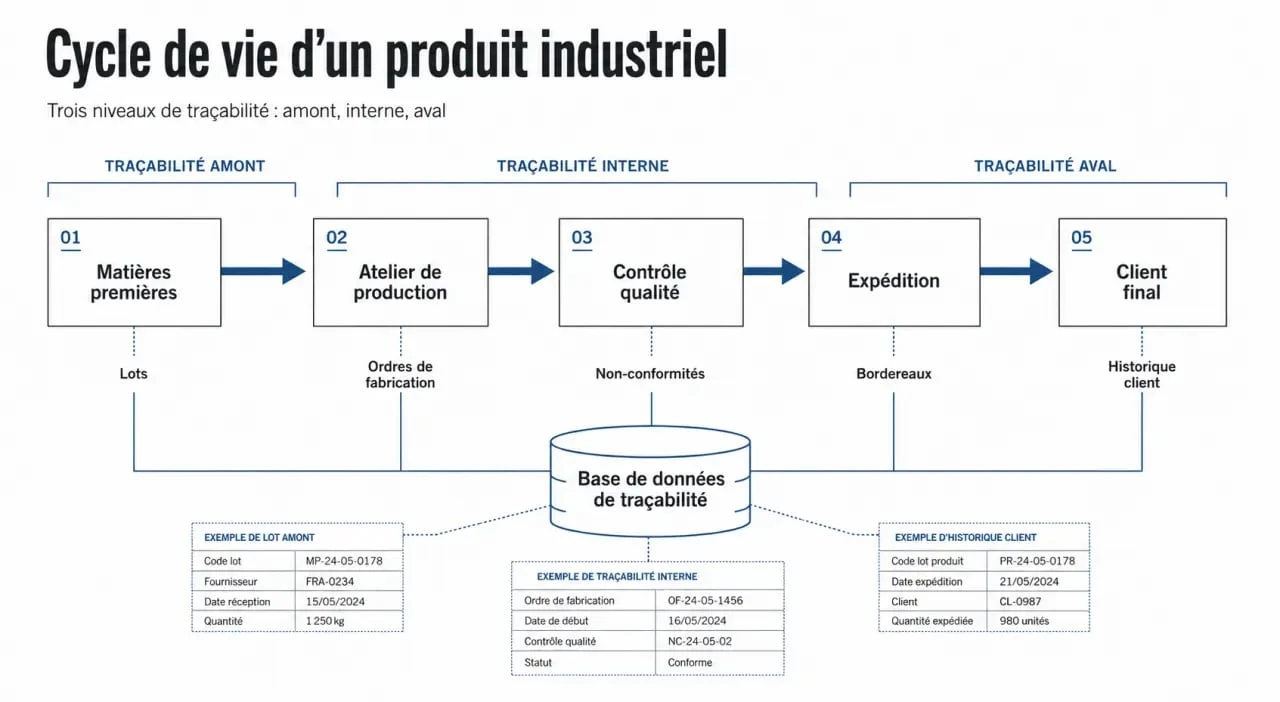 Traçabilité industrielle : schéma du cycle de vie d’un produit avec amont, interne et aval