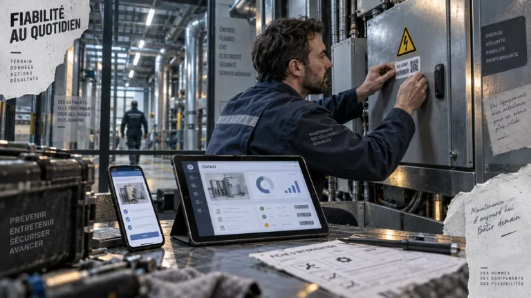 Facility management solutions : technicien GMAO ajuste un boîtier électrique, suivi des services et coûts