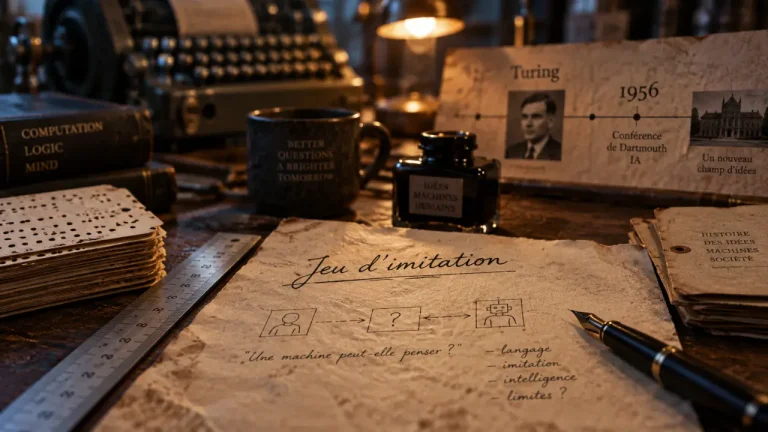 Intelligence artificielle histoire : feuille “Jeu d’imitation” et frise Turing