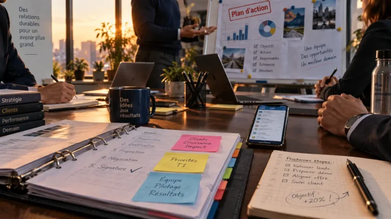 Réunion commerciale : plan d’action, CRM et notes sur table
