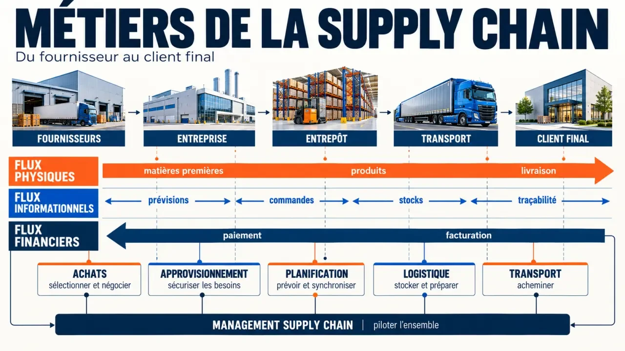 Infographie des métiers de la supply chain et des flux entre fournisseurs et client final