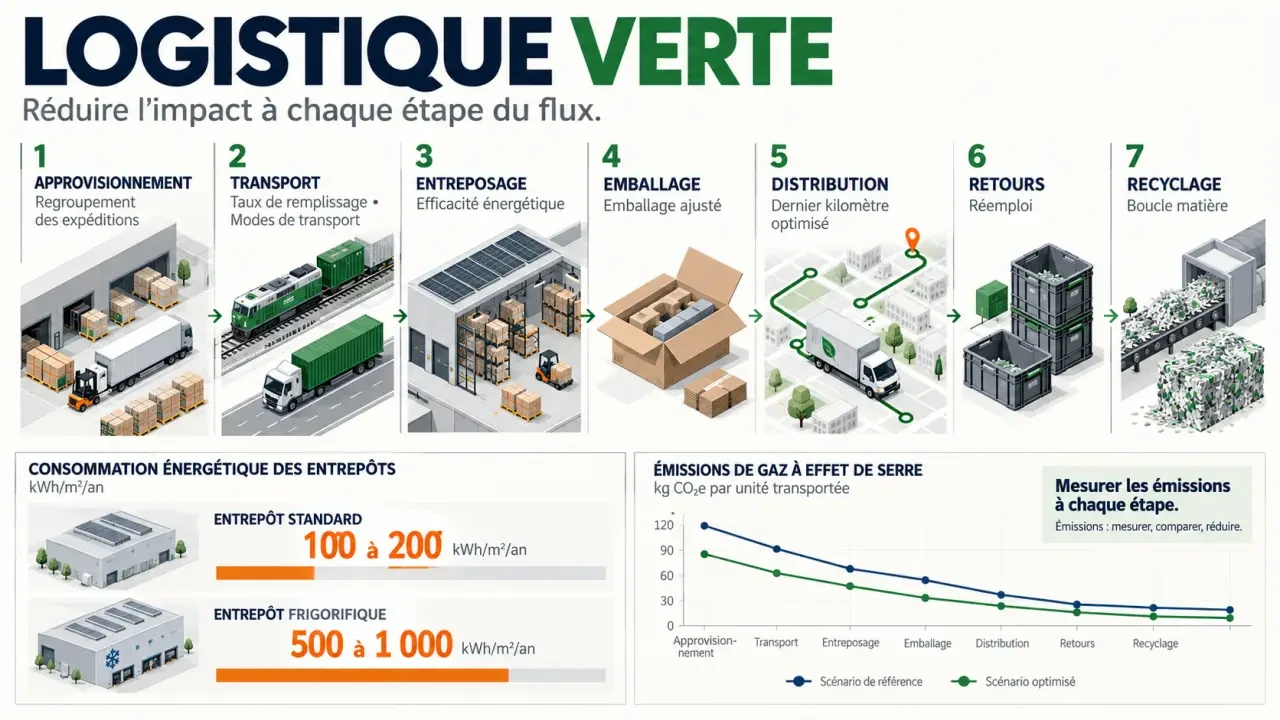 Infographie sur la logistique verte et ses leviers de réduction des émissions