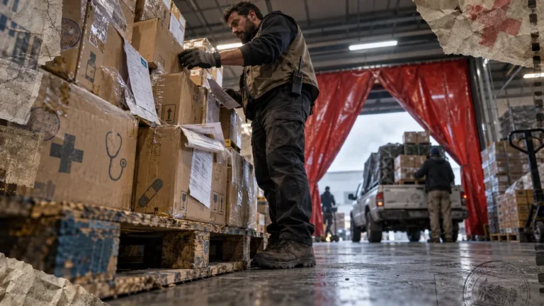 Logistique et humanitaire en entrepôt : logisticien vérifie des cartons de soins.